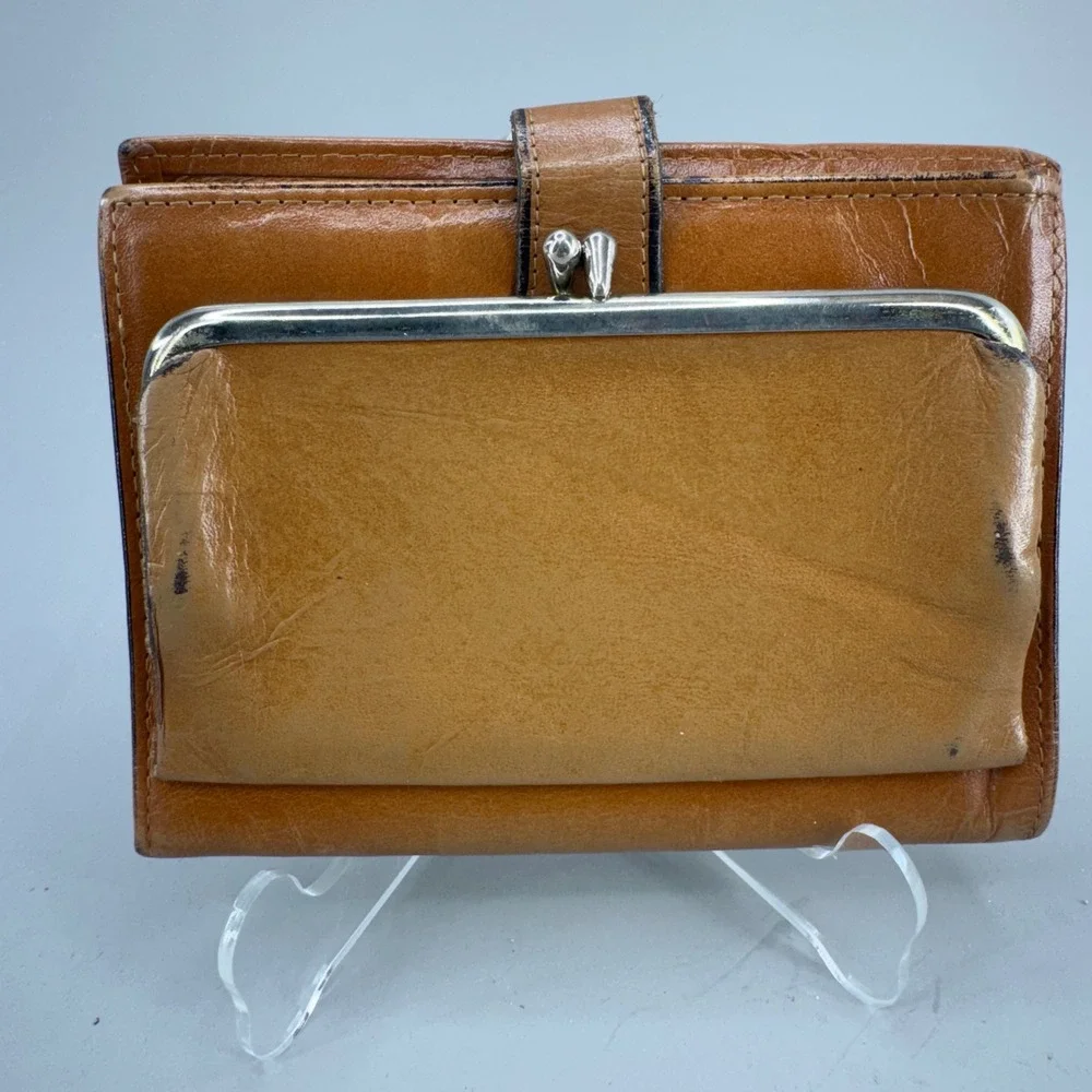 Princess Gardner Bifold Wallet Tan Leather Vintage Woven Kiss Lock